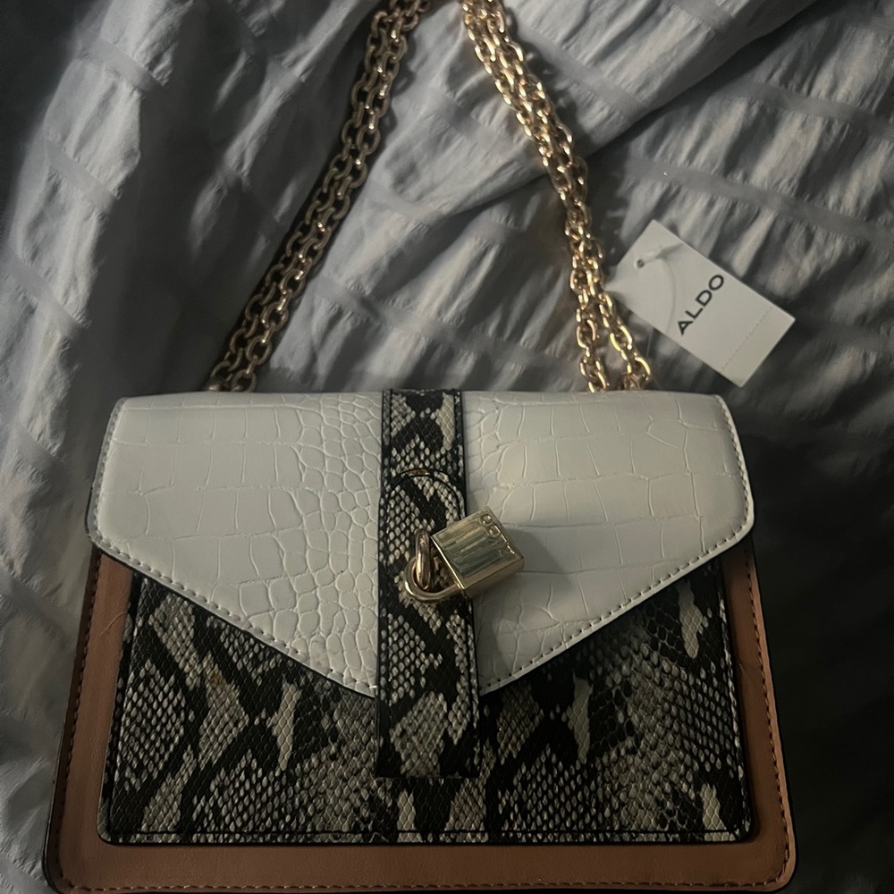 Aldo White and Brown Crossbody Bag with Gold Chain